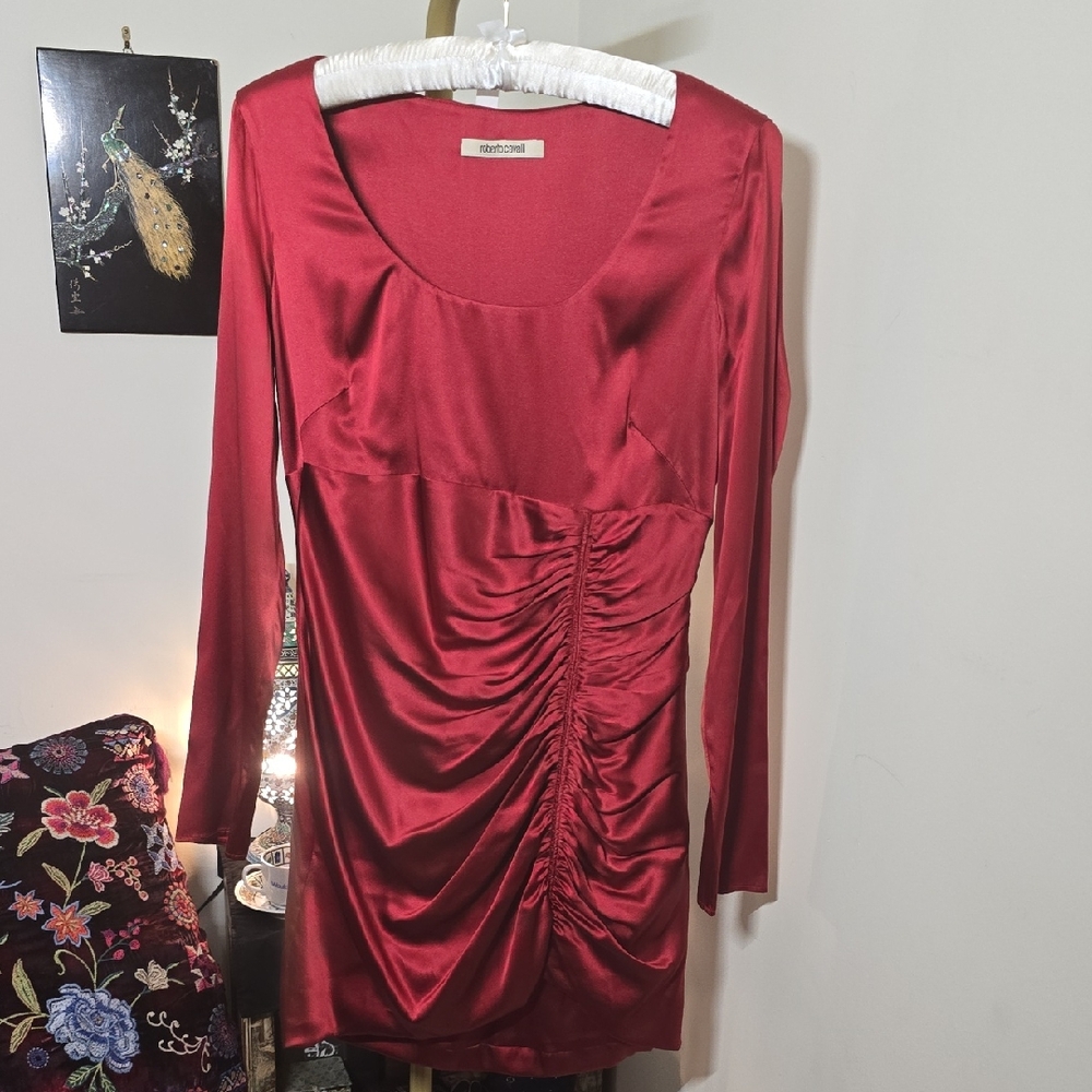 Roberto Cavalli Red Silk Ruched Long Sleeve Cocktail Dress